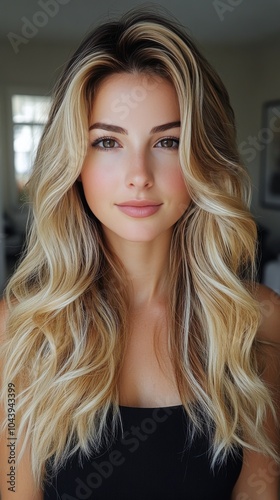 Young woman with long wavy blonde hair posing indoors in soft natural light during the day