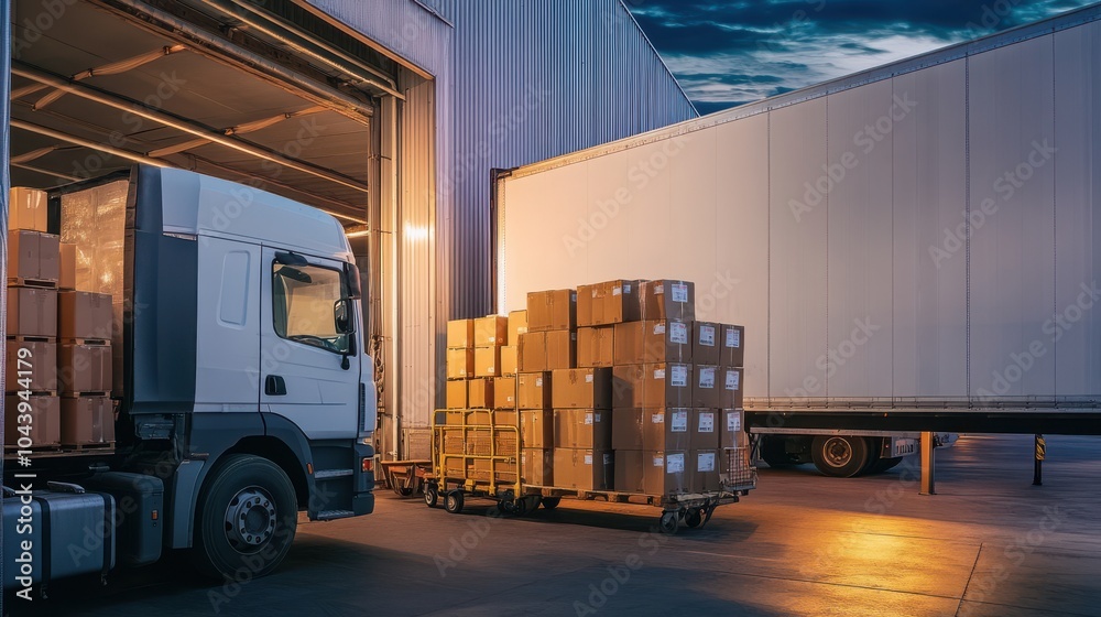 Loading dock with cargo at twilight, truck and warehouse scene Loading dock with cargo at twilight, truck and warehouse scene