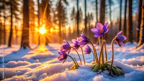Fototapeta Naklejka Na Ścianę i Meble -  close-up sunrise winter bloom purple flowers snowy forest landscape