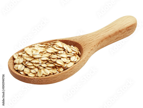 Wooden spoon filled with raw oats on a white background.