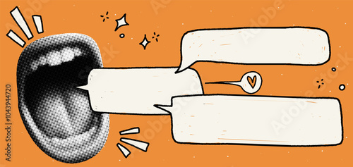 
Creative collage banner featuring a screaming mouth with speech balloon. Halftone texture and retro grunge style vector.