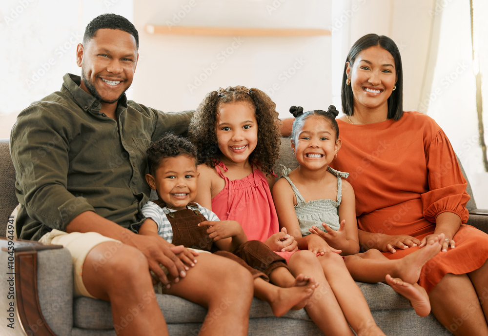 Smile, portrait and bonding with family on sofa in lounge for love, morning and happiness together. Care, relax and break with parents and children in living room at home for hug, calm and peace Smile, portrait and bonding with family on sofa in lounge for love, morning and happiness together. Care, relax and break with parents and children in living room at home for hug, calm and peace