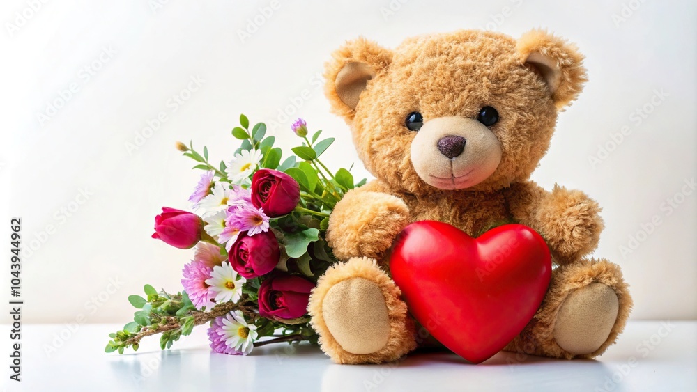 Obraz premium Close-Up Teddy bear with red heart and flowers on a white background