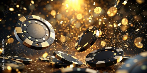 Black and Gold Casino Chips with Confetti, Gambling, Casino