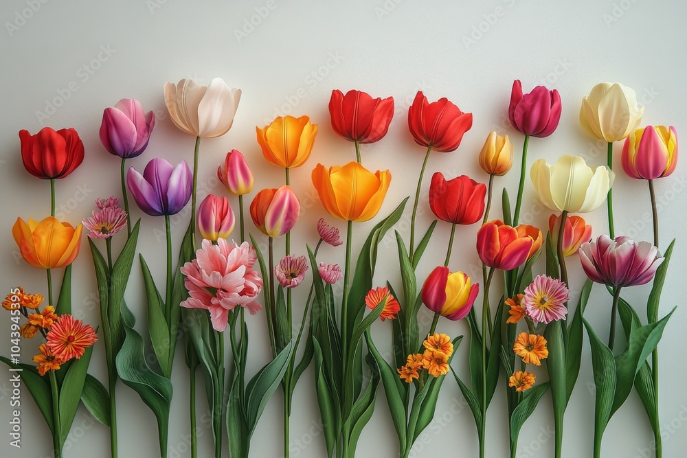 Colorful arrangement of tulips showcasing various shades on a light background Colorful arrangement of tulips showcasing various shades on a light background