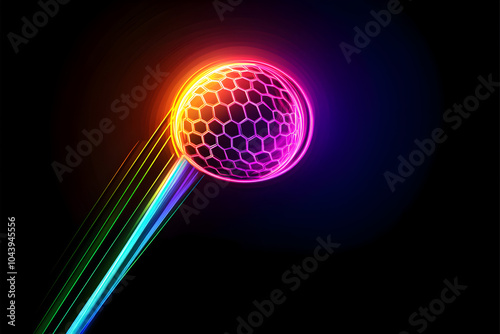 Neon illustration of golf ball on tee icon in rainbow colors isotated on black background photo