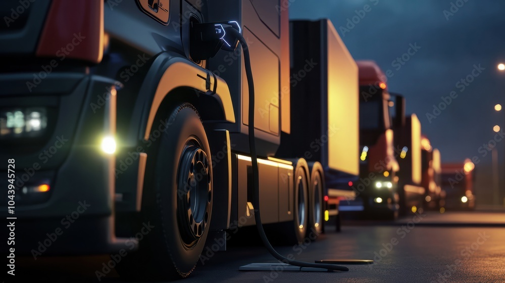 Naklejka premium Electric trucks at charging stations, focus on charging plug.
