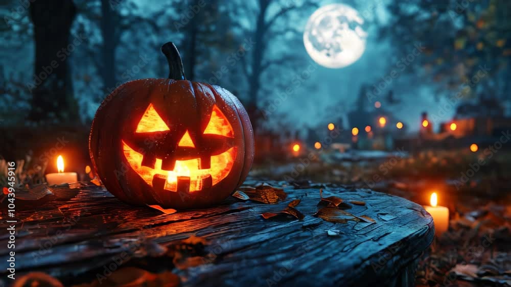 Halloween Night with a Jack O' Lantern and Candles Burning Bright in a Spooky Forest under a Full Moon, Pumpkins in a Haunted Graveyard Halloween Night with a Jack O' Lantern and Candles Burning Bright in a Spooky Forest under a Full Moon, Pumpkins in a Haunted Graveyard