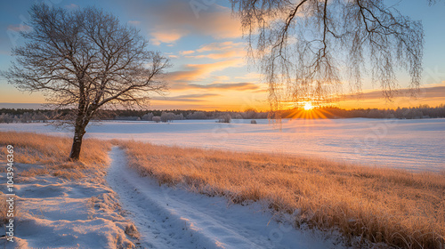 Winter sunset landscape with tree and field way