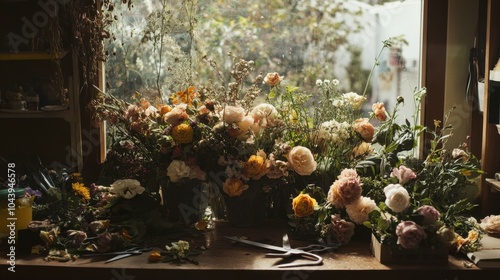 A florist workspace overflowing with flowers, leaves, and stems, with scissors and other tools in detailed focus.