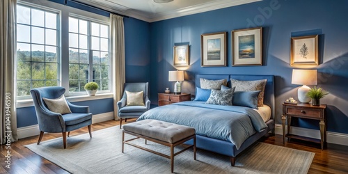 Blue and Beige Bedroom with...