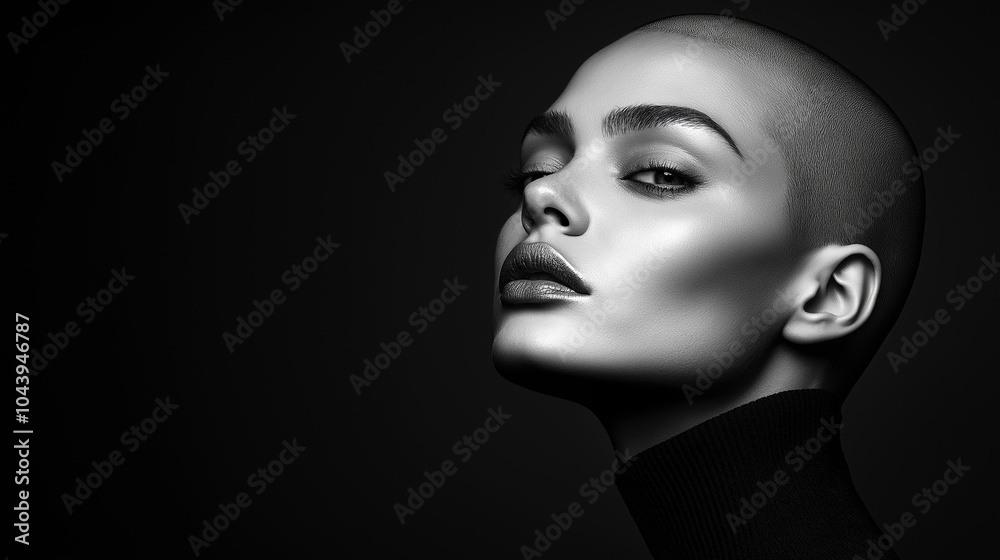 A bold and dramatic side shot in black and white, featuring a full-body view of a person with a shaved head and striking gold lipstick. Their sharp, intense gaze is full of emotion A bold and dramatic side shot in black and white, featuring a full-body view of a person with a shaved head and striking gold lipstick. Their sharp, intense gaze is full of emotion