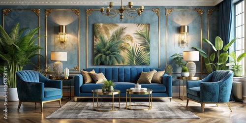 Blue Velvet Sofa and Gold A...