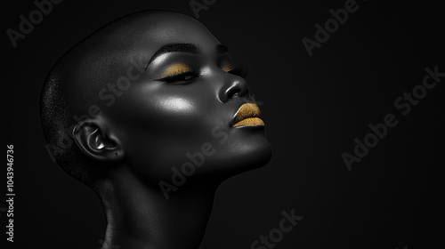 A dramatic full-body black and white photograph of a person with a shaved head, captured from the side. Their piercing eye contact adds intensity to the shot, while the gold lipsti photo