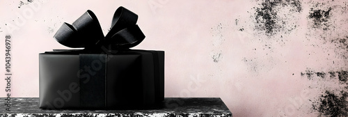 black gift box with ribbon on grange pink background with copy space  photo