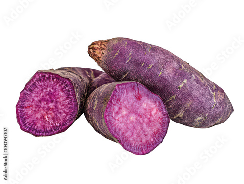 Three purple yams showing vibrant interiors and rough textured exteriors.