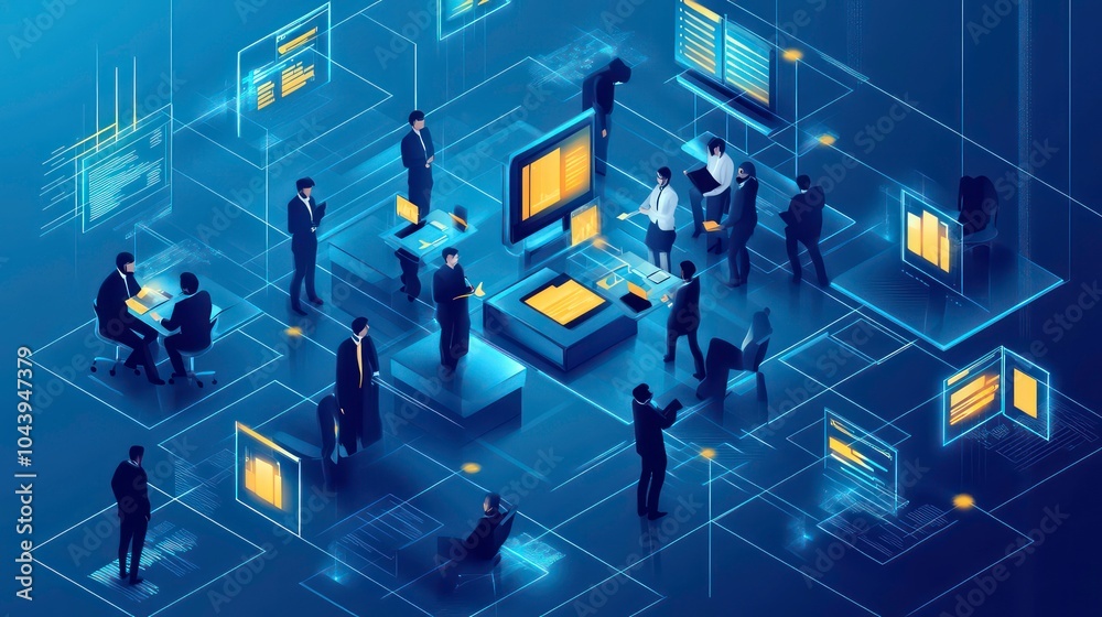 An isometric illustration depicting a diverse group of people working together on a digital network, showcasing collaboration, connection, and innovation. An isometric illustration depicting a diverse group of people working together on a digital network, showcasing collaboration, connection, and innovation.