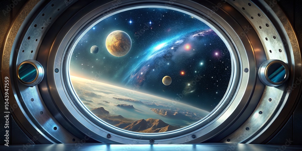 Cosmic Window Futuristic Spaceship View of Distant Planets, Galaxy and Earth, Space Travel, Sci-fi , Space Exploration Cosmic Window Futuristic Spaceship View of Distant Planets, Galaxy and Earth, Space Travel, Sci-fi , Space Exploration