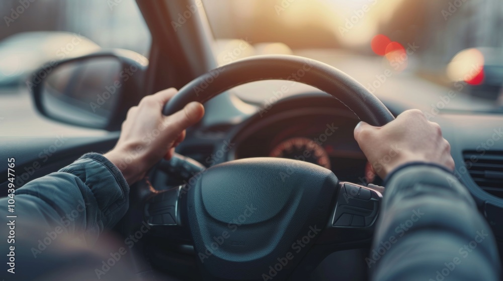 Close-up of Driver's Hands on Steering Wheel - Urban Driving Experience Close-up of Driver's Hands on Steering Wheel - Urban Driving Experience