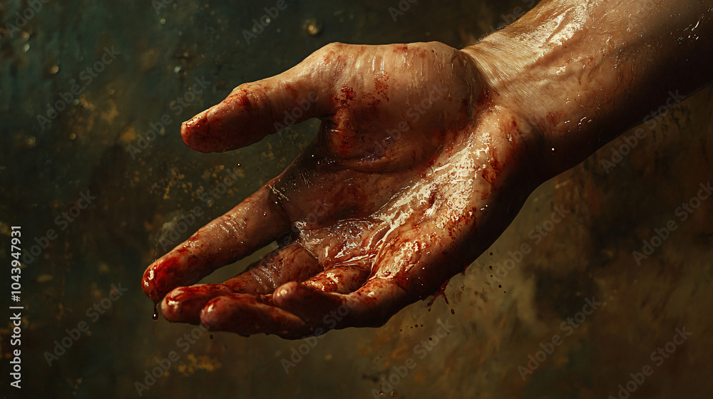 Fototapeta premium Close-up of a hand covered in blood, with intense details highlighting the texture and drama of the scene