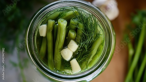 A glass jar of pickled green beans with garlic and dill, the vegetables tightly packed in the clear brine.