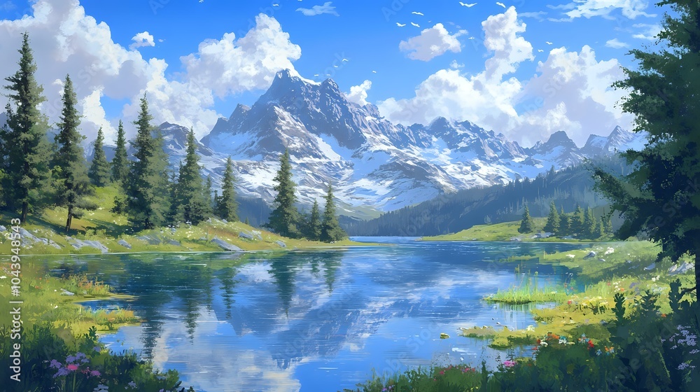 Fototapeta premium Crystal-clear mountain lake reflecting towering peaks and a bright blue sky, surrounded by evergreen trees and wildflowers