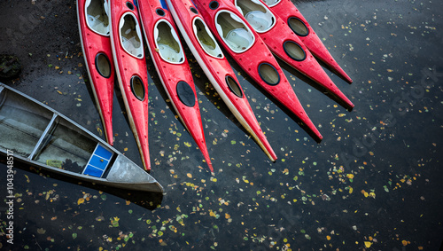 Canvas Print Red and Grey Kayaks in Water with Leaves