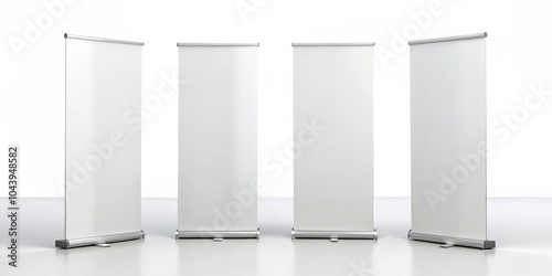 Four Blank Roll Up Banners, White Background, Presentation Display, Advertising, Trade Show , ,