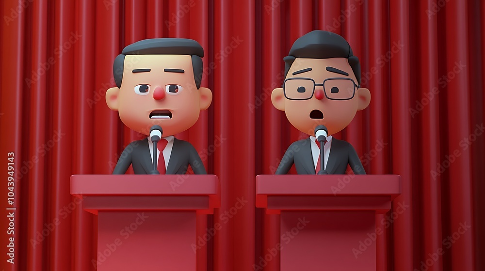 Naklejka premium Two 3D Cartoon Characters Giving a Speech at a Podium.