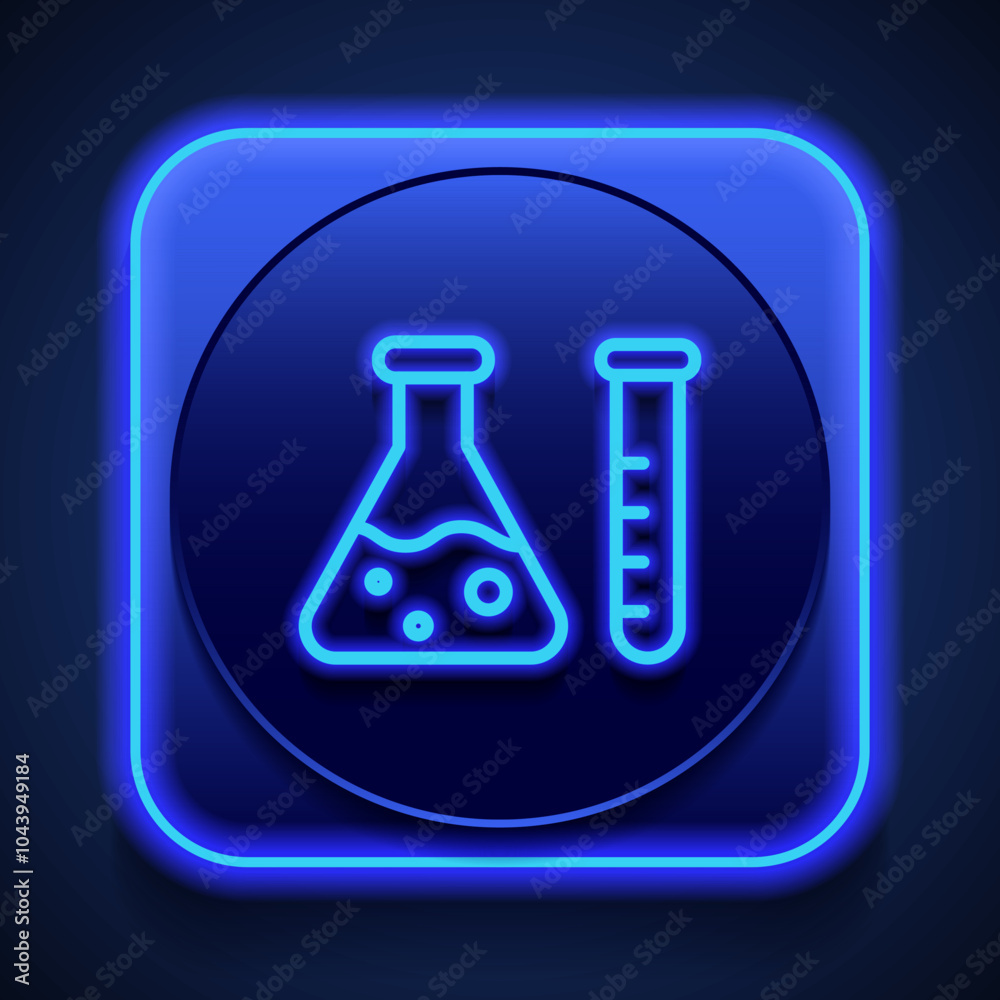 Test tube and flask simple icon vector. Flat design. Blue neon style on button. With shadow Test tube and flask simple icon vector. Flat design. Blue neon style on button. With shadow