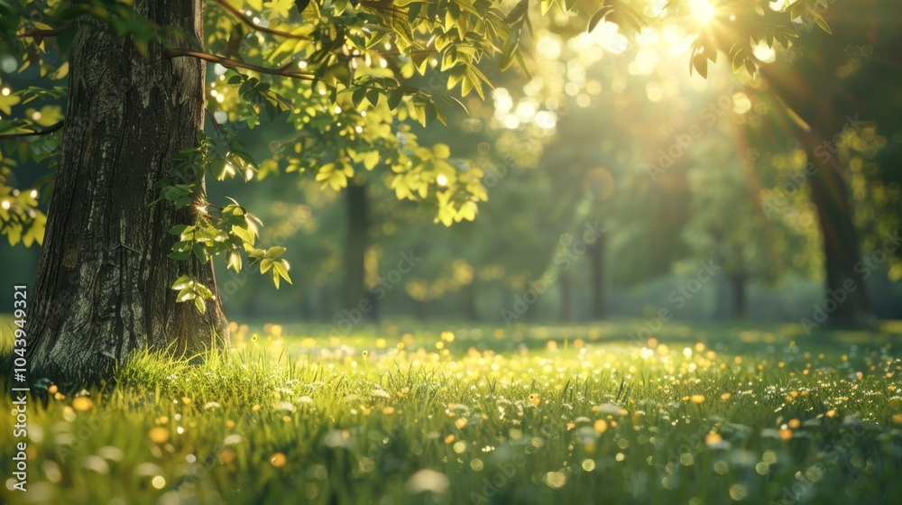 Obraz premium Sunlight Filtering Through Trees in a Lush Green Meadow