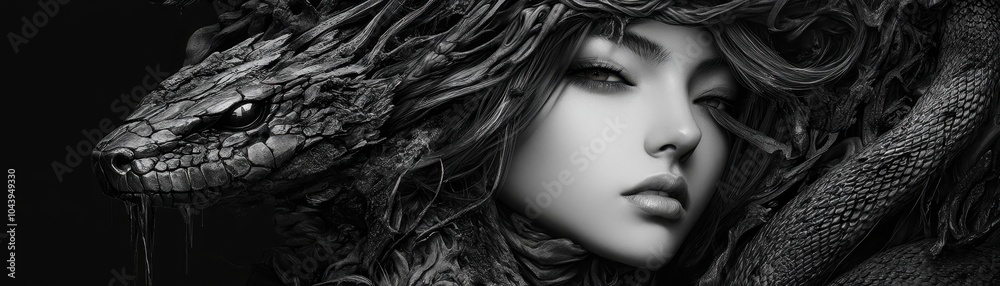 Fototapeta premium A striking black-and-white image of a woman with a serpent-like headdress, blending beauty and elements of nature in a mystical aesthetic.