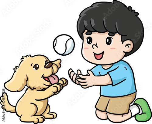 An image of a little boy playing ball with a puppy.