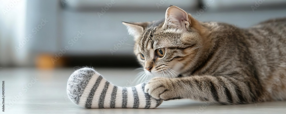 Obraz premium A cat playing with a sock on the floor, adding a cute and playful element to Sock Day