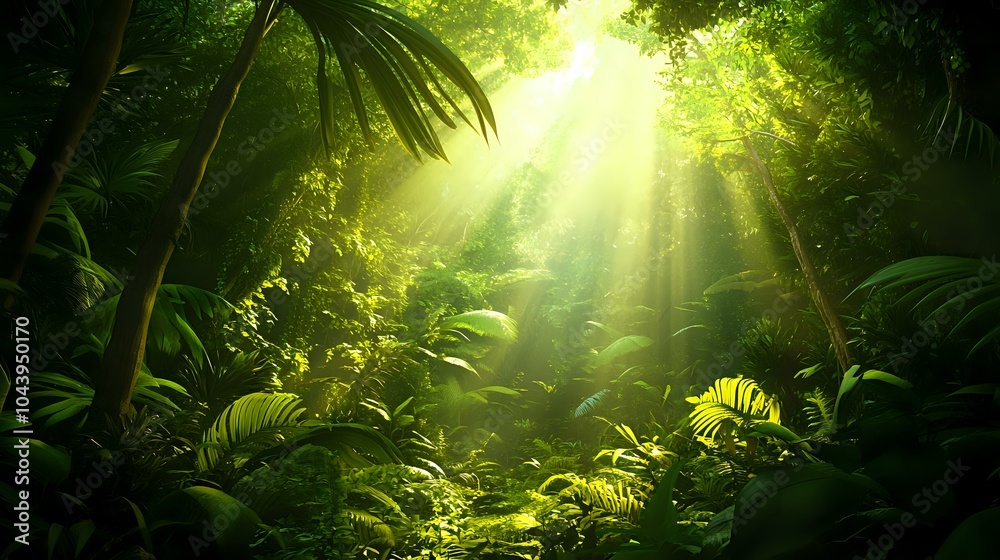 Fototapeta premium Lush tropical rainforest with tall trees, vibrant green foliage, and sun rays filtering through dense canopies, creating a serene jungle atmosphere