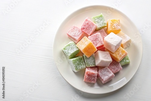 Close-up Turkish delight on white plate on white background isolated top view