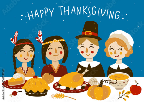 Thanksgiving greeting card with Indians and pilgrims at the table