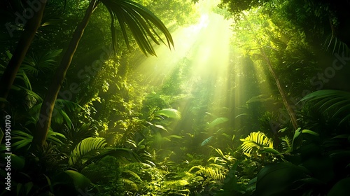 Fototapeta Naklejka Na Ścianę i Meble -  Lush tropical rainforest with tall trees, vibrant green foliage, and sun rays filtering through dense canopies, creating a serene jungle atmosphere