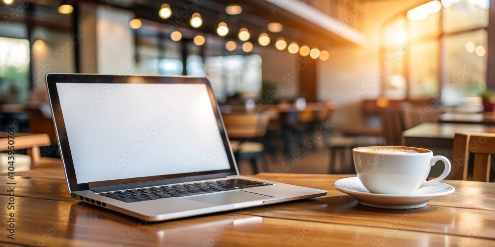 Laptop and Coffee on Wooden Table, cafe ,workstation
