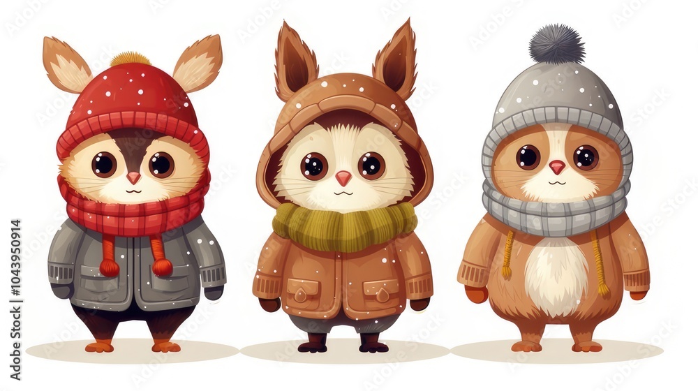 three cute animals in warm clothes isolated on a white background three cute animals in warm clothes isolated on a white background