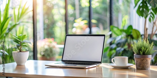 Laptop on wooden table with...