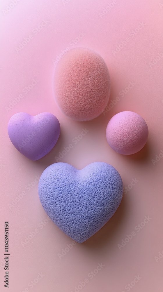 Obraz premium Colorful beauty sponges arranged on a soft pink background with varying shapes and sizes