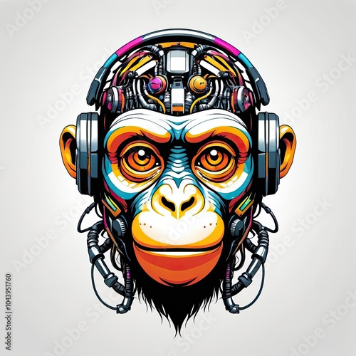 A colorful monkey with headphones and wires running through its head photo