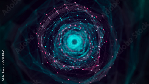 Cyber tunnel consisting of moving glowing points. Futuristic infinite space background. Concept of data transfer in cyberspace. Hi-tech illustration. 3d rendering.