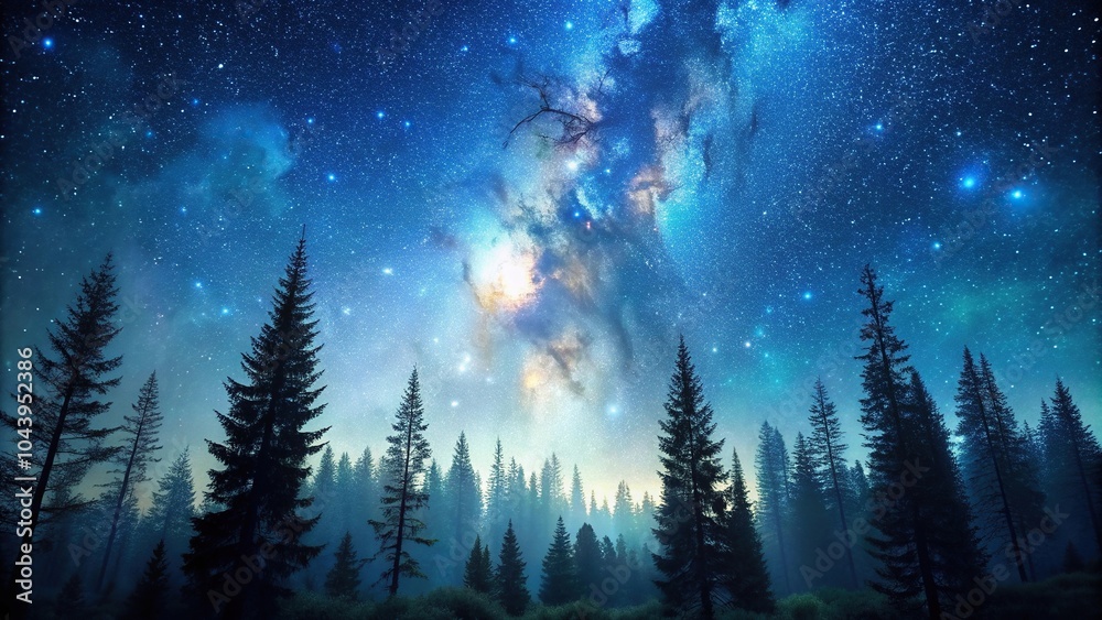 Naklejka premium Close-up view of a forest under a night sky filled with trees