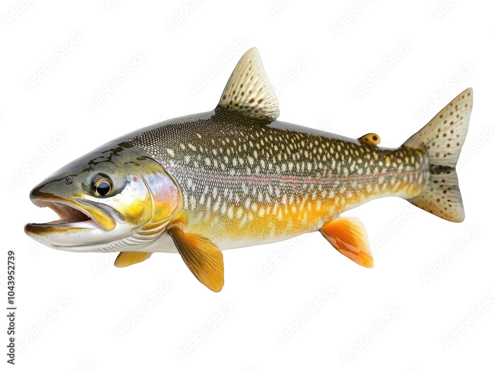 Close-up of a colorful trout fish with detailed scales and vibrant hues against a white background. Close-up of a colorful trout fish with detailed scales and vibrant hues against a white background.