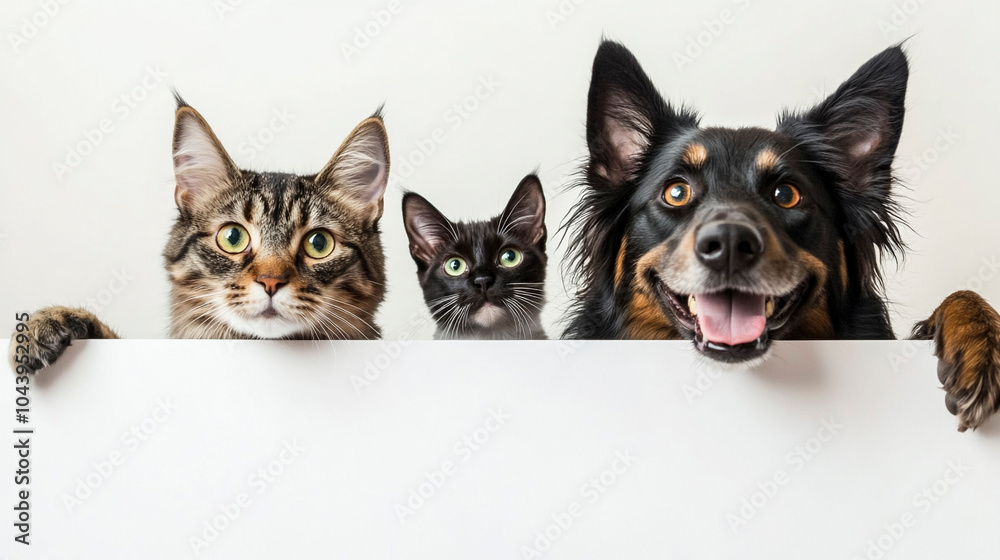 Smiling Dog and cat peeking over a blank white board on white background Smiling Dog and cat peeking over a blank white board on white background
