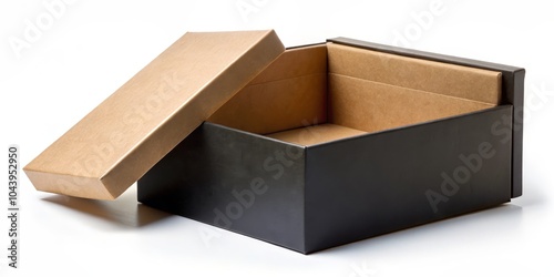 Open Black and Brown Cardboard Box with White Background, product packaging, gift box