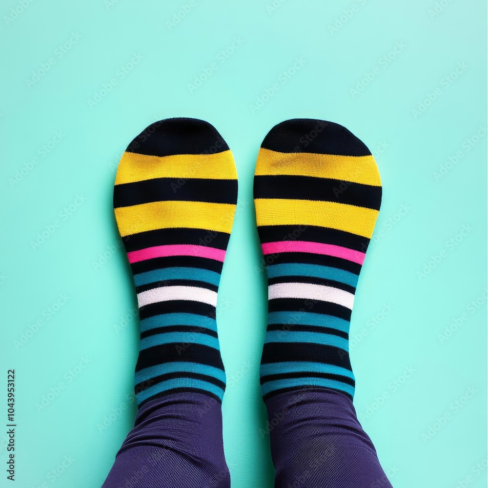 Close-up of mismatched socks on feet, embracing quirky National Sock Day traditions Close-up of mismatched socks on feet, embracing quirky National Sock Day traditions