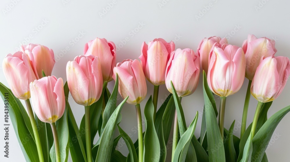 Fototapeta premium Pink Tulip Bouquet: Delicate Spring Flowers on White Background